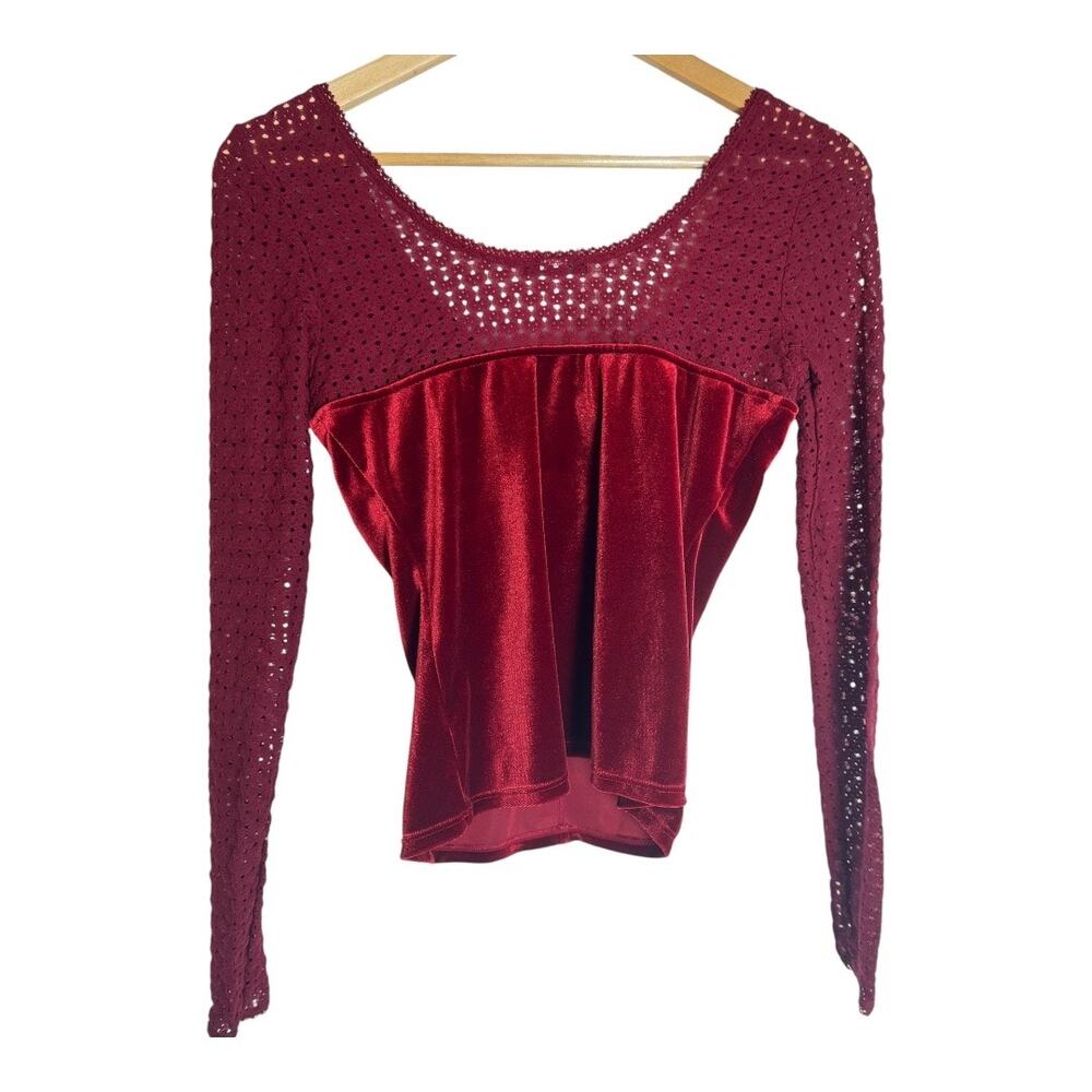 Womens Vintage Moda International Red Wine Velvet Lace Long Sleeve Top Small